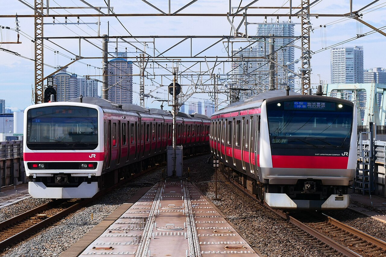 E233-5000 series local and 209-500 series rapid passing near Shin-Kiba Station on the Keiyō Line.